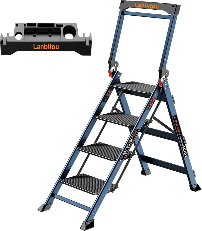 Heavy Duty Aluminum 4 Step Ladder with Handrails 750lbs Capacity for House