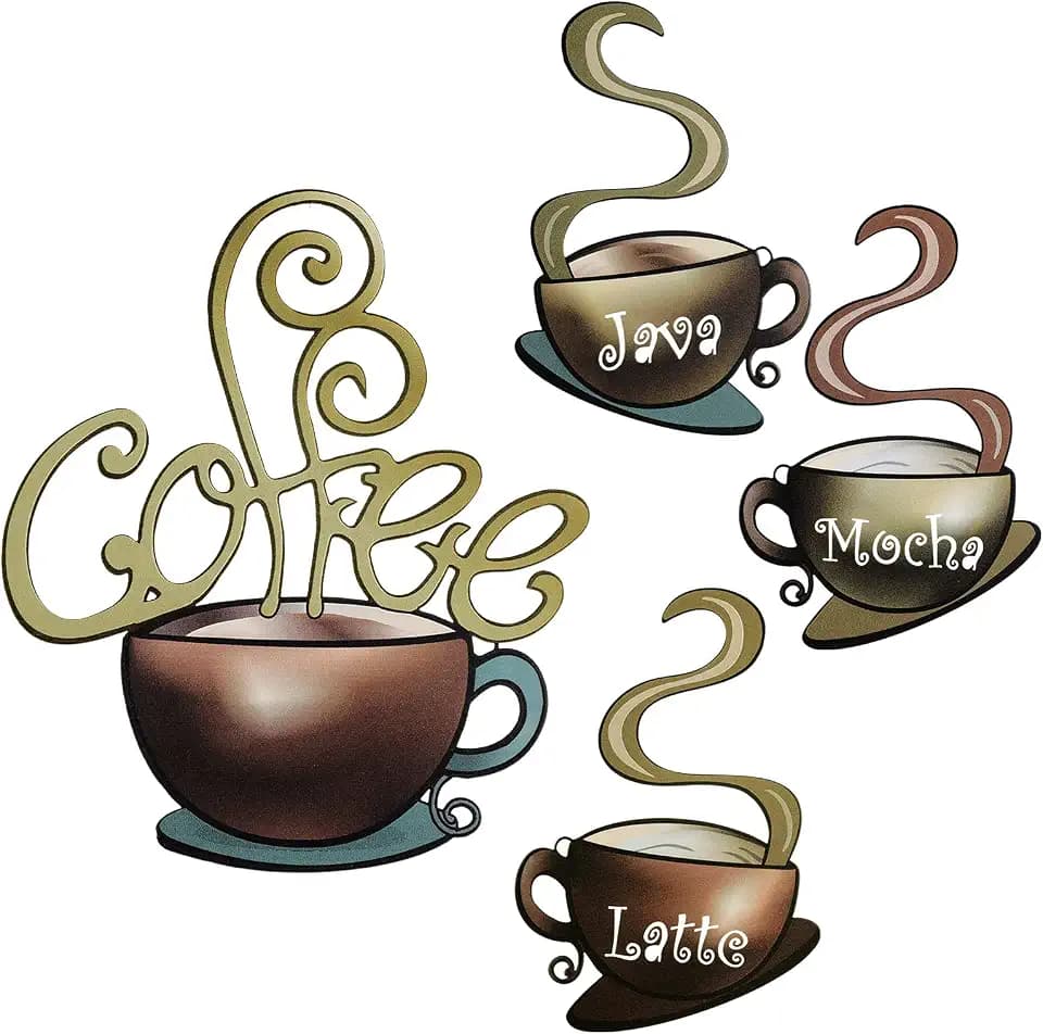 Hotop 4 Pcss Metal Coffee Cup Wall Art Decor Coffee Decor, Brown