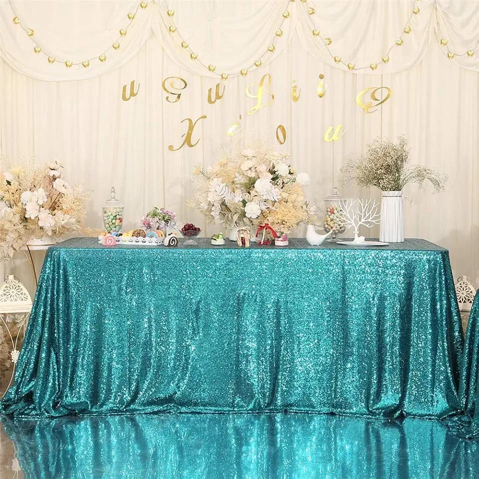 Eternal Beauty Teal Tablecloth, 90x132 Inch Sequin Rectangle Table Cover for Cake Dessert Exhibition Party Birthday Events