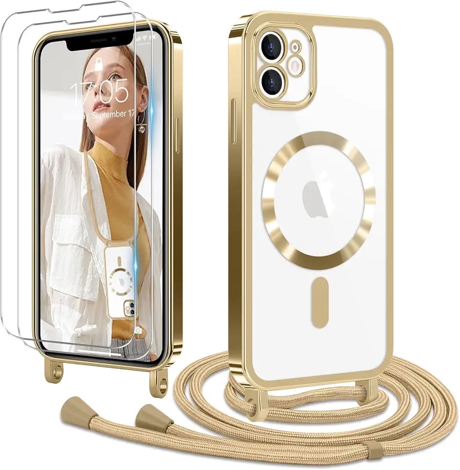 für iPhone 11 Hülle mit Band + 2 Schutzfolie, Gold