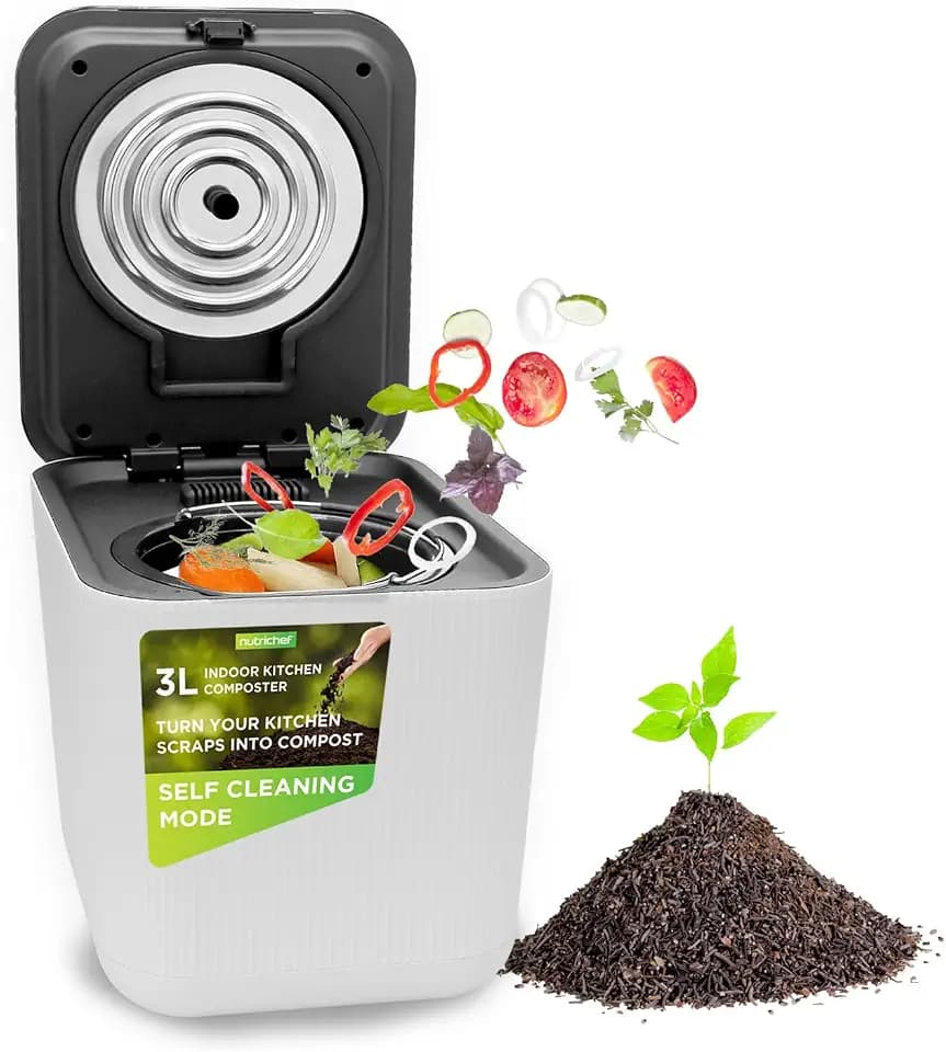 Nutrichef 3L Electric Kitchen Composter - Compost’s Organic Material & Food Scraps | Countertop Automatic Compost Bin | Dry, Crush, & Cooling Functions | Perfect for Kitchens & Apartments | White