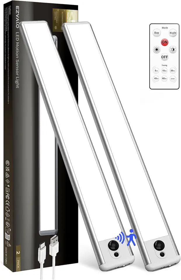 EZVALO 2 Pack Under Cabinet Lights, 14.5'' Magnetic Motion Sensor Light, 4000mAh Large Capacity Rechargeable Closet Light, Remote Control Dimmable 5700K Cool White for Kitchen, Stairs, Hallway