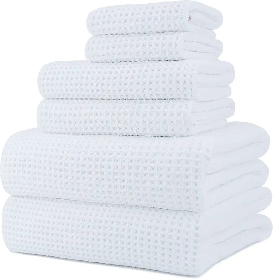 POLYTE 430 GSM Poly Blend Microfiber Quick Dry Waffle Bath Towel Set of 6
