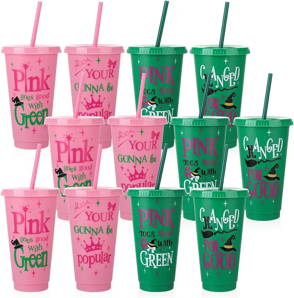 12 Pcs 24 oz Pink Green Plastic Cups with Lids and Straws