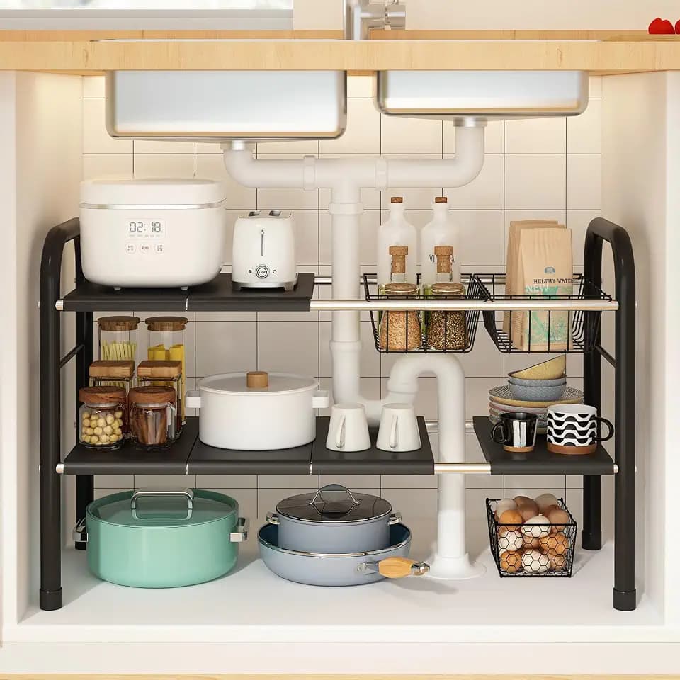 Expandable Under Sink Organizer, 2 Tier Under Sink Shelf