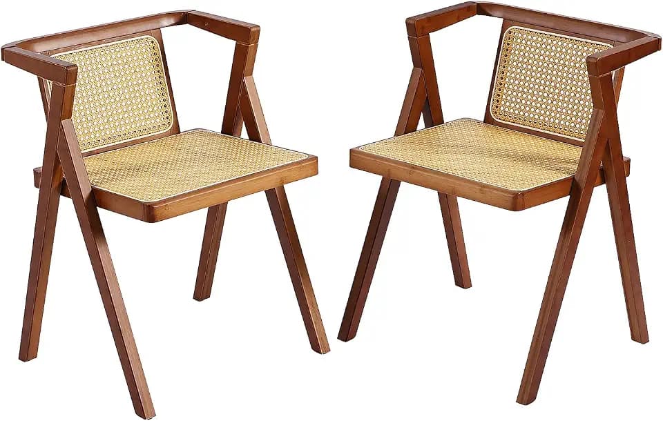 Furlide Rattan Dining Chair Set of 2, Mid-Century Modern Cane Armchair