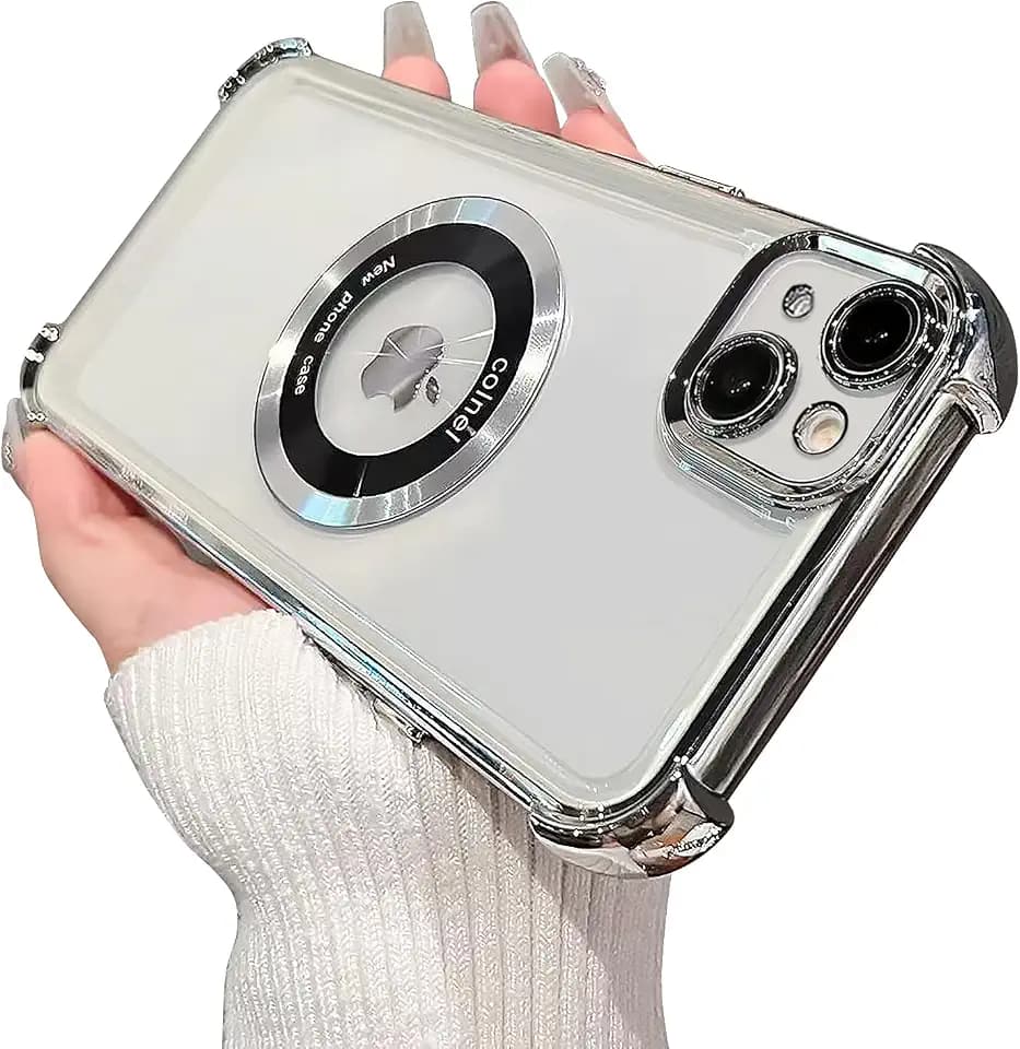 for iPhone 15 Plus Magnetic Transparent Case,Luxury Bling Four Corners Shockproof Military-Grade Protection with Camera Lens Protector MagSafe Clear Plating Cover for Women Men-Silver