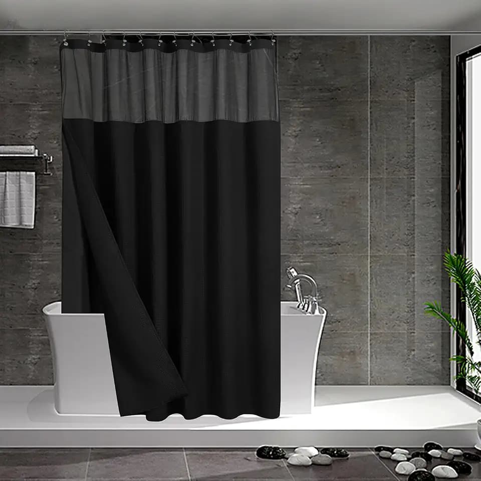 N&Y HOME Extra Long Waffle Shower Curtain with Snap-in Liner Black, 71x84