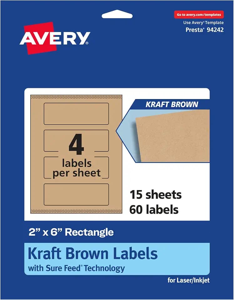 Avery® Kraft Brown Rectangle Labels, Sure Feed® Technology, 2" x 6", 60 Kraft Brown Labels, Print-to-The-Edge, Laser/Inkjet Printable