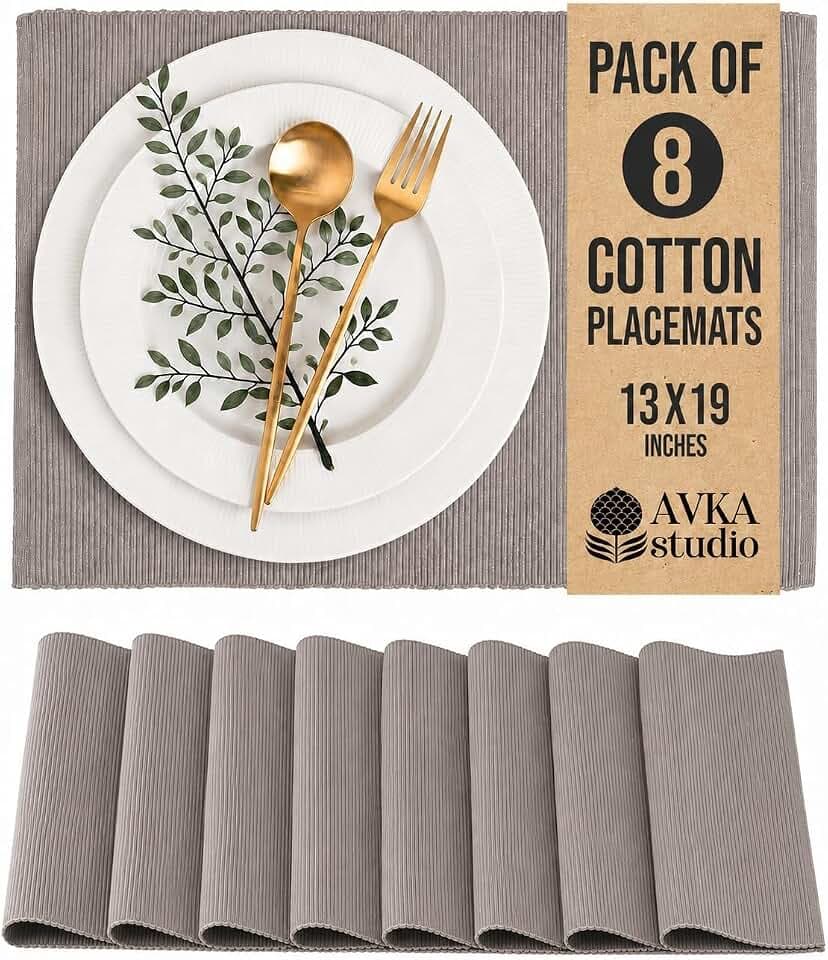 100% Cotton Ribbed Placemats - Set of 8-13 x 19 Inches - Taupe - Everyday Cloth Table Mats - Thick Construction, Washable & Reusable Cloth Place Mats - by AVKA Studio