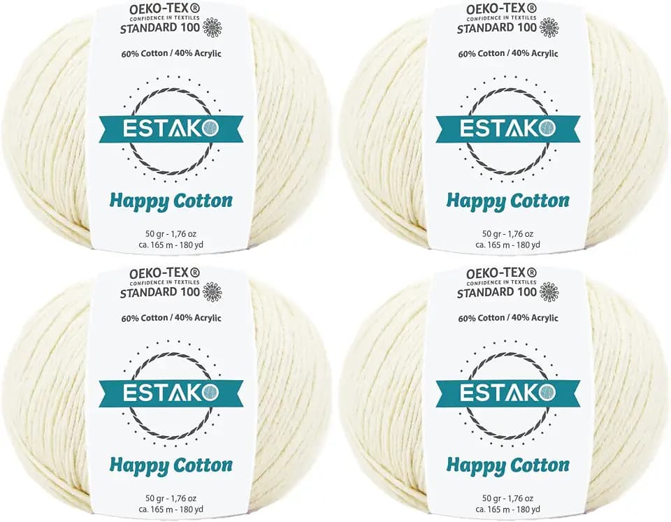 Estako Happy Cotton 60% Cotton 40% Acrylic Yarn, Sport 2, Cream, 4-Pack