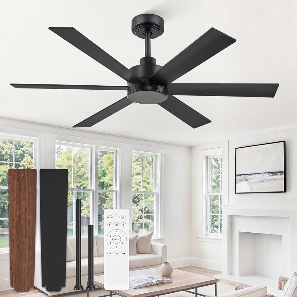 ZMISHIBO 48 Inch Ceiling Fan no Light, 6 Blades,Black, Remote Control
