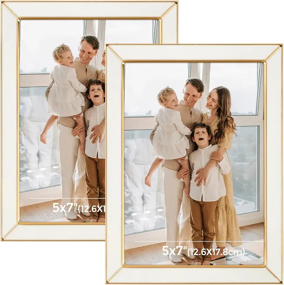 Frametory 2 Pack 5x7 White Enamel Picture Frame, Gold Metal Edge