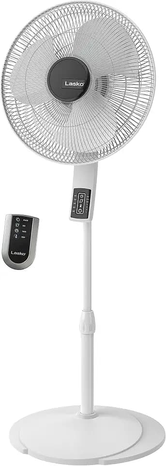 Lasko Oscillating Pedestal Fan, Thermostat, Adjustable Height, Remote Control, Timer, 4 Speeds, for Bedroom, Living Room, Office & Dorm, 16", White, S16614