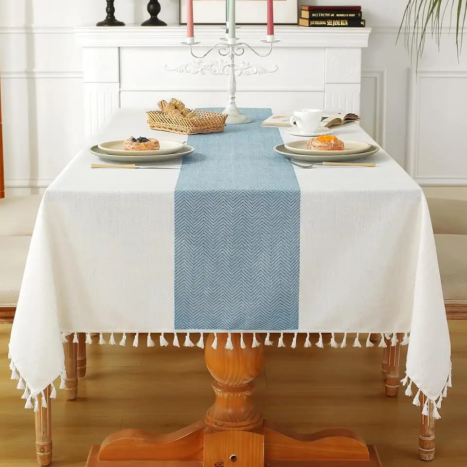 Laolitou Tablecloth for Dining Table Rustic Farmhouse Kitchen Tables Cloth Coffee Table Cover, Cotton Linen Fabric Small Rectangle Tablecloths, Beige, Blue Stripe, 55x120 Inch