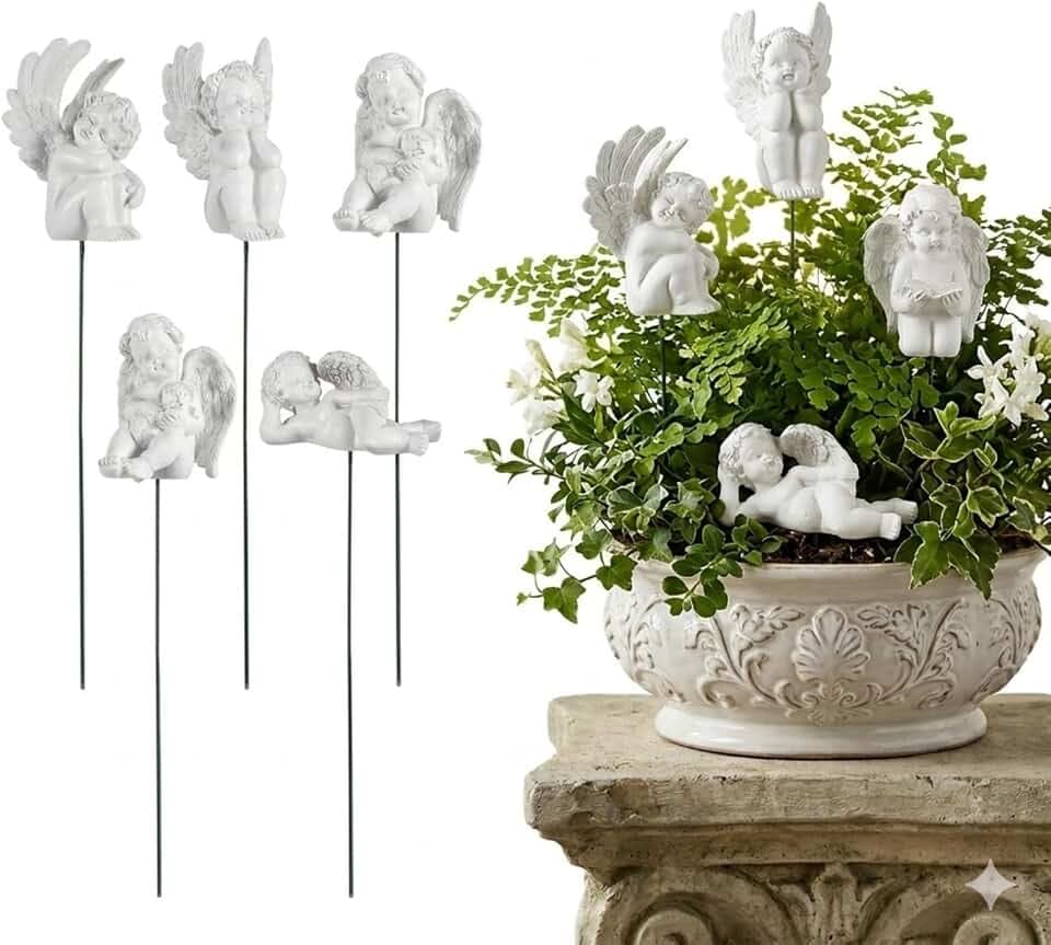 Toyvian 5-Piece Angel Plant Stakes, Mini Cherub Figurines for Pots