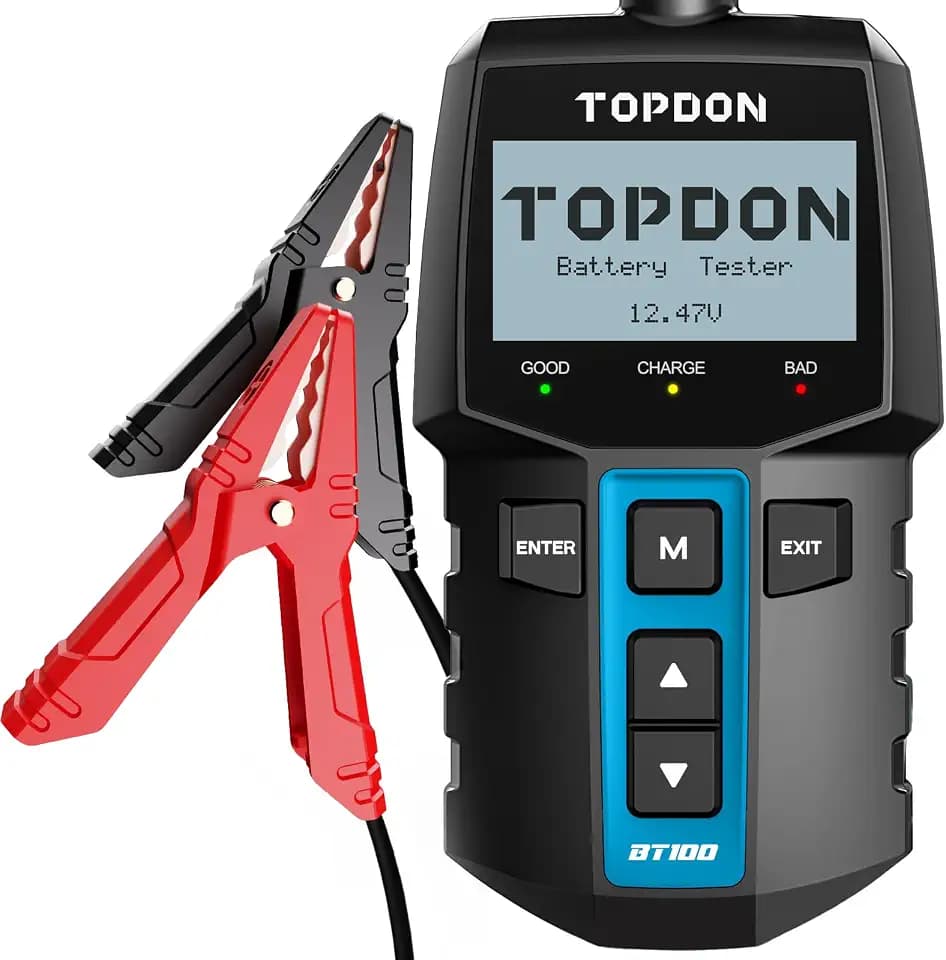 TOPDON Autobatterie Tester BT100-A, BatterieTester KFZ 12V mit 100-2000 CCA Batterietest Kurbeltest Ladesystem Test für Auto ATV SUV PKW-LKW Boot, Schwarz