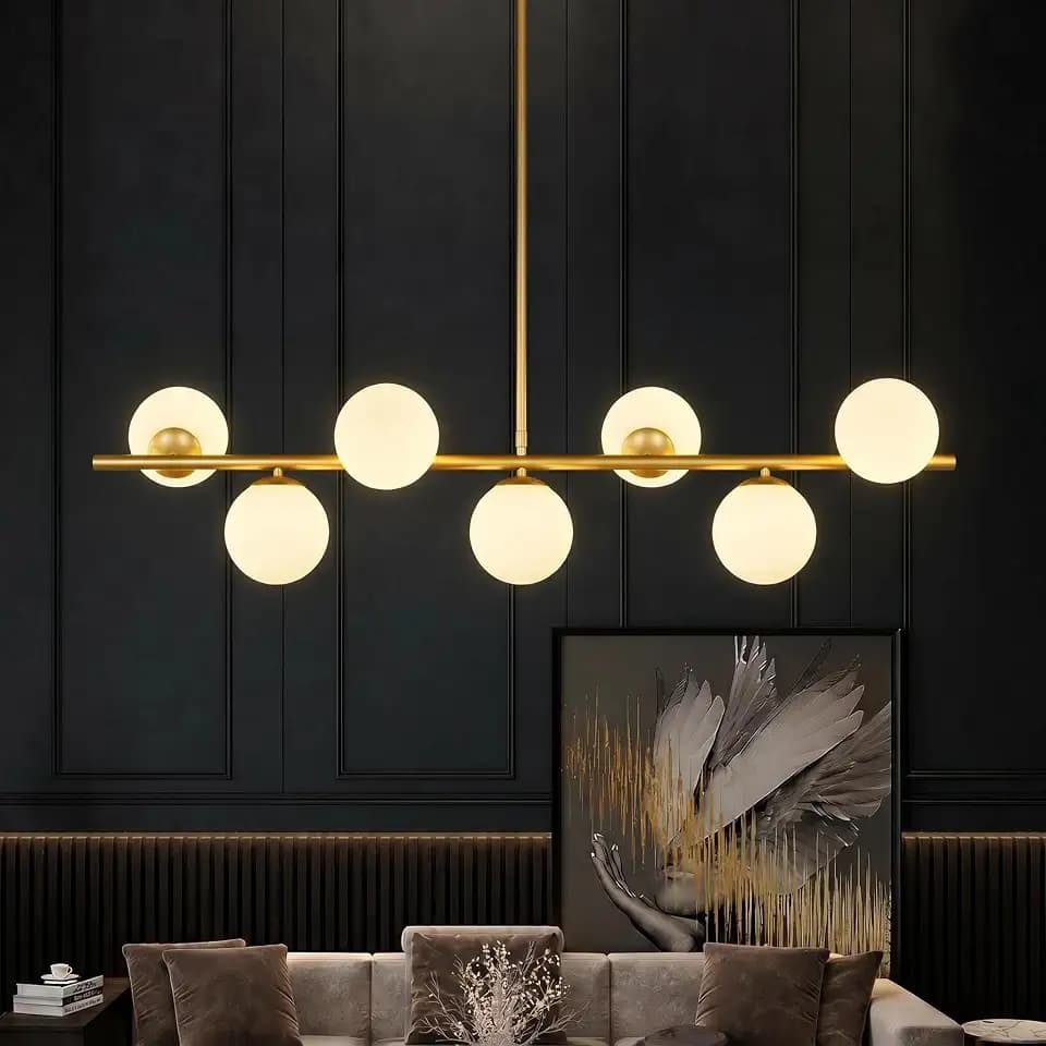 MQMQA Globe Modern Sputnik Chandeliers for Dining Room Chandelier, 7-Light Dining Room Light Fixture Over Table, Mid Century Linear Chandelier, 43.3 Inch (Bulbs not Included) Gold & Milky White