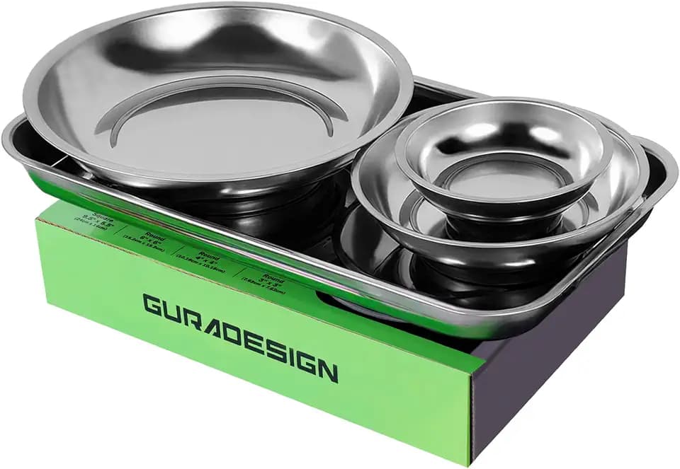 GURADESIGN Magnetic Tray 4-Piece, Large Magnetic Parts Tray and Round Magnetic Parts Tray Set, Stainless Steel Heavy Duty 9.5" W x 5.5''L Square and 6" 4" 3"Round Tools Tray