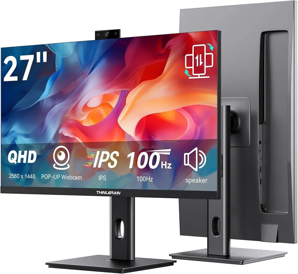 27 Zoll Monitor mit Pop-Up-Webcam – 2K 2560 x 1440 IPS Computer Monitor, 100 Hz Gaming PC Bildschirm, integrierte 3MP Kamera & Mikrofon, HDMI, DisplayPort, Monitor für Home Office & Arbeit