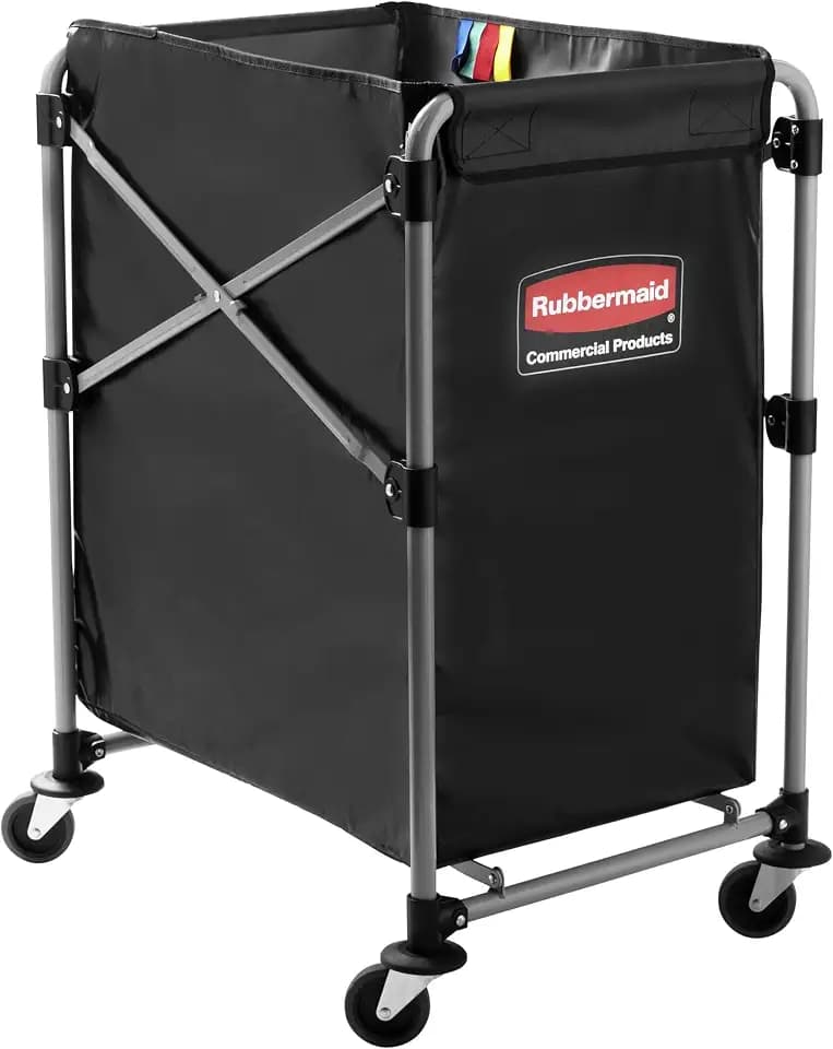 Rubbermaid Commercial Products, Collapsible X Cart, Black, Steel 4 Bushel Bin, Commercial Laundry Cart with Wheels for Hotel/Nursing Home/Home/College Easily Move Laundry/Supplies/Groceries