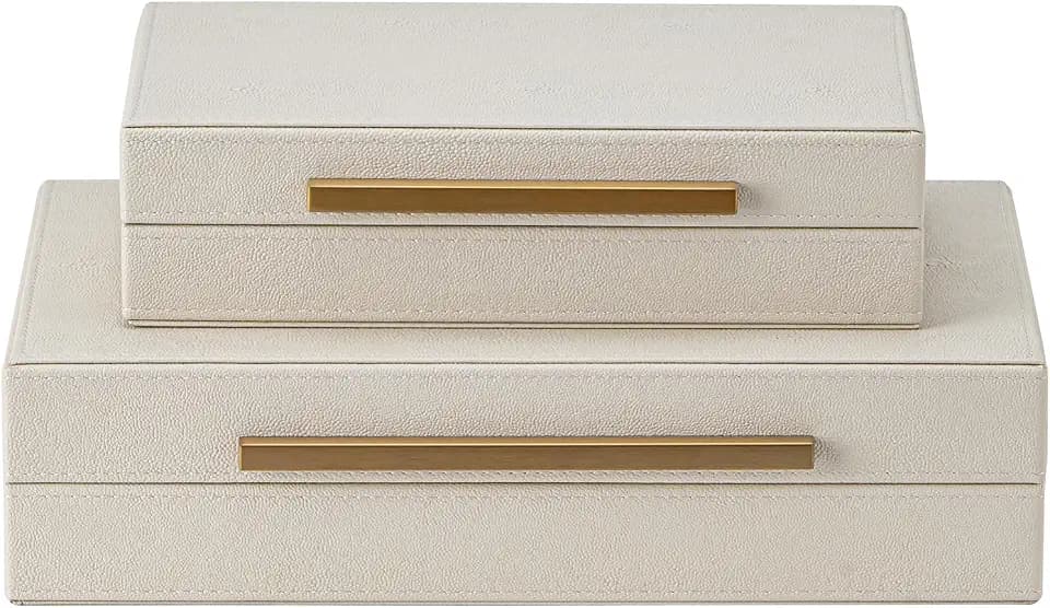 XIGEXIGE Faux Leather Large Modern Stackable Nesting Jewelry Box with Lids Organizer – Set of 2 Beige Shagreen Decorative Storage Boxes with Gold Metal Handles