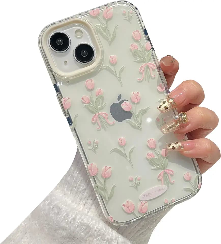 Cute Girly Pink Tulip Floral Flower Case for iPhone 14, White