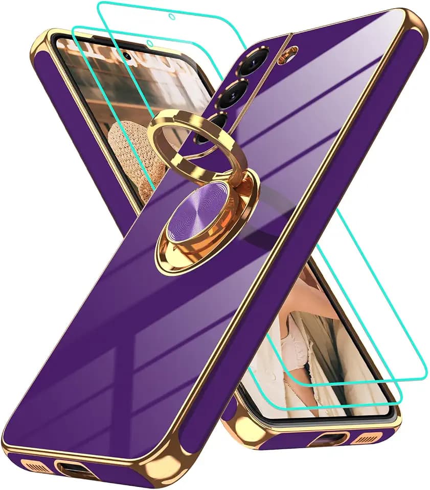 Gritup for Samsung Galaxy S22 Plus Case: with 2Pcs Screen Protector, 360° Rotation Ring Holder Magnetic Kickstand, Plating Gold Edge Soft TPU Shockproof Protective Cover for S 22 Plus, Purple