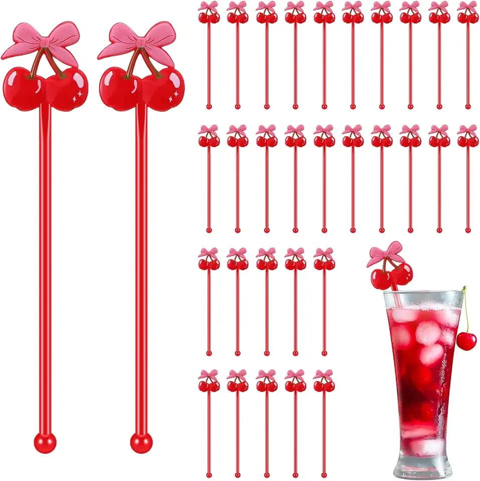 Reallnaive 30 Pcs Cherry Bow Drink Stirrers 6 Inch Cocktail Sticks