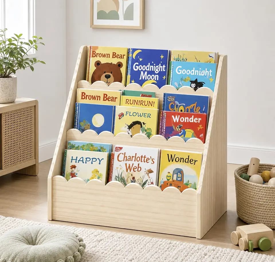 Scalloped Kids Book Shelf, Montessori 3-Tier Wooden Toddler Bookshelf for Ages 1–5, Nursery & Kids Room Bookshelf, Safe & Sturdy Playroom Book Shelf, Natural Wood