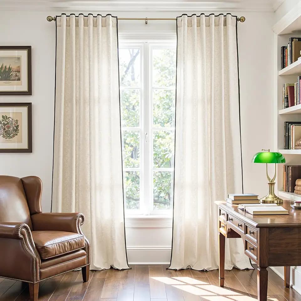 jinchan Beige Linen Curtains with Black Trim Back Tab 50 x 96 Inch 2 Panels