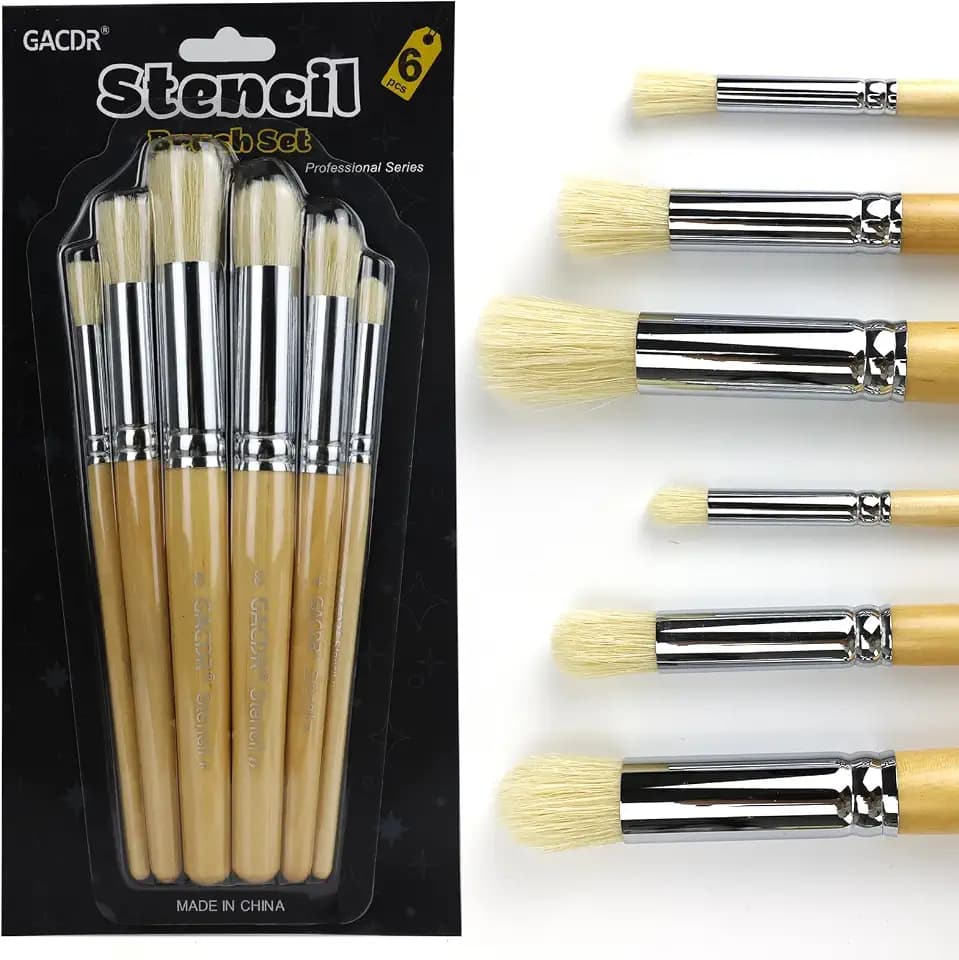 Stencil Brush Set, 6Pcs Natural Hog Bristle Stencil Brushes for Painting