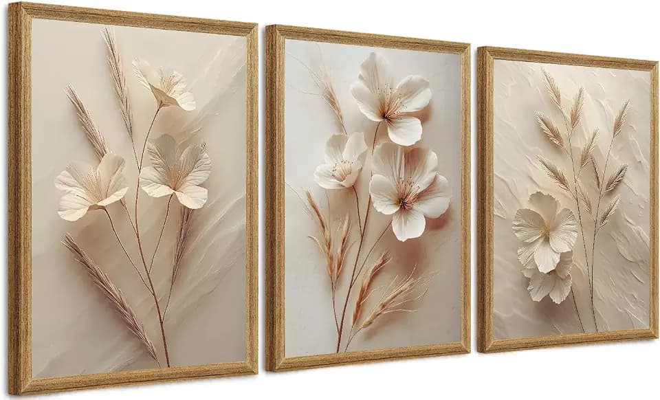 FYLDPSB 3Pcs Framed Wall Art Beige Wall Decor Living Room Canvas Art Botanical Pictures Neutral Floral Paintings Boho Artwork Modern Farmhouse Flower Prints for Bedroom Office