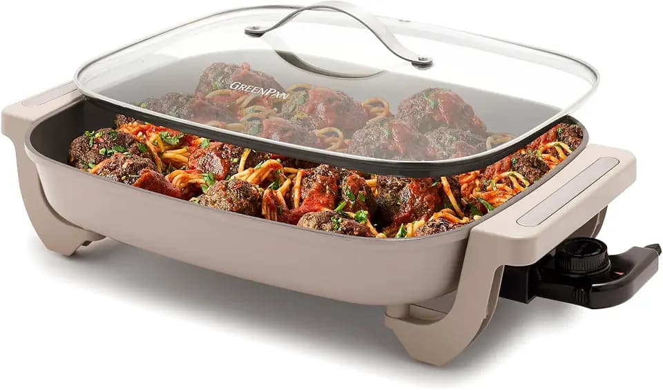 GreenPan Advanced 12” X 15” Electric Skillet with Lid, 7QT Capacity for Family Meals, Ceramic Nonstick PFAS-Free Coating, Fry, Sauté, Steam, Simmer, Sear, Stir Fry, Dishwasher Safe, Clay