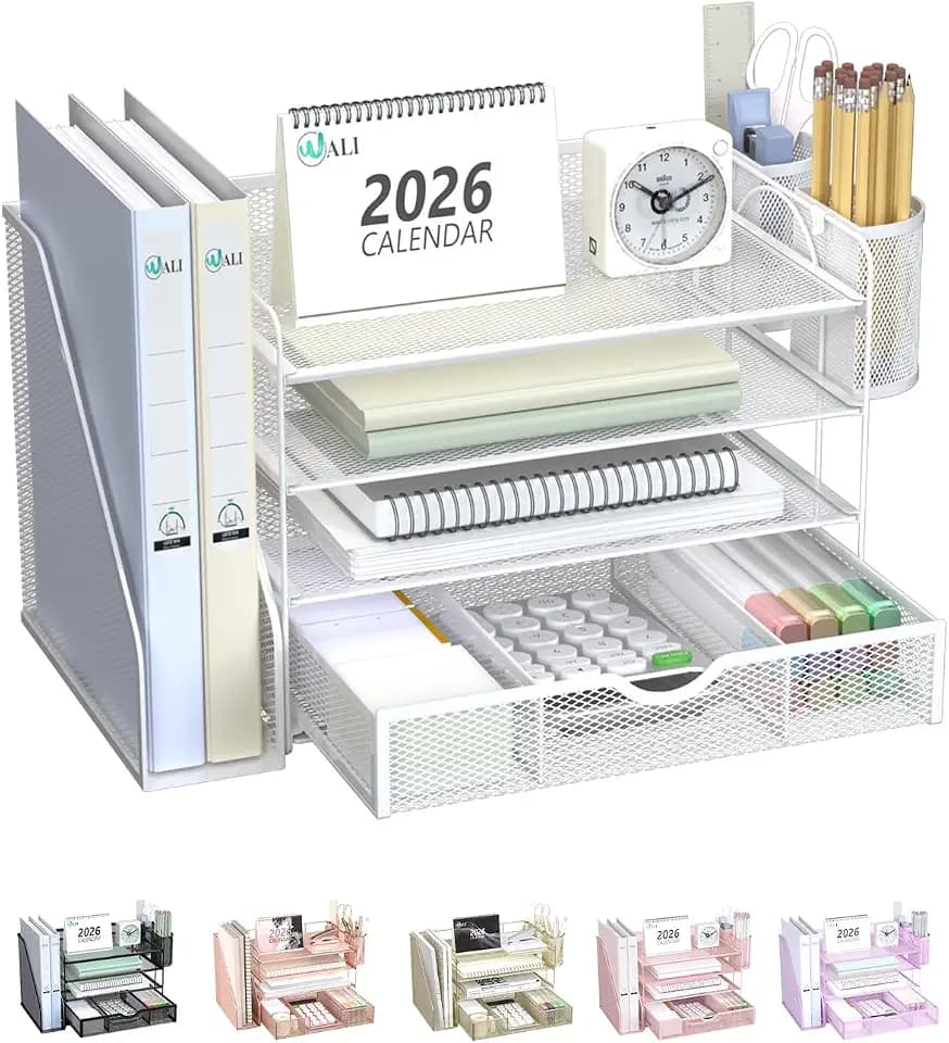 WALI Desk File Organizer, 4 Tier Desktop Paper Letter Tray Organizer with Drawer and 2 Pen Holders, Office Desk Accessories & Workspace Organizers for Office, Home Supplies(DO005DH-W), 1 Pack, White