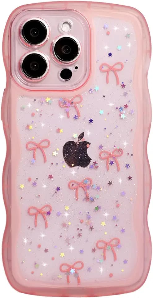 Qokey for iPhone 16 Pro Max Case 6.9",Cute Bling Clear Wave,Pink Bow