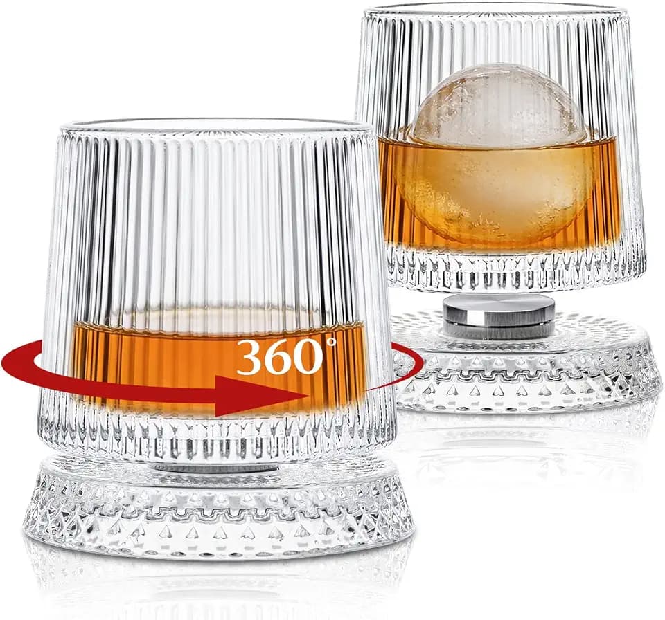 INSETLAN 10oz Spinning Whiskey Glasses Set of 2, Rotating Old Fashioned Clear Rocks Glasses for Scotch & Bourbon, Cocktail Glasses for Bar, Party, Home, and Gift (Striped)