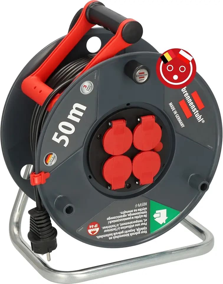 Brennenstuhl Garant V2 IP44 Outdoor Kabeltrommel 50m (Made in Germany, 4-Fach mit erhöhtem Berührungsschutz, Spezialkunststoff) französisches Stecksystem