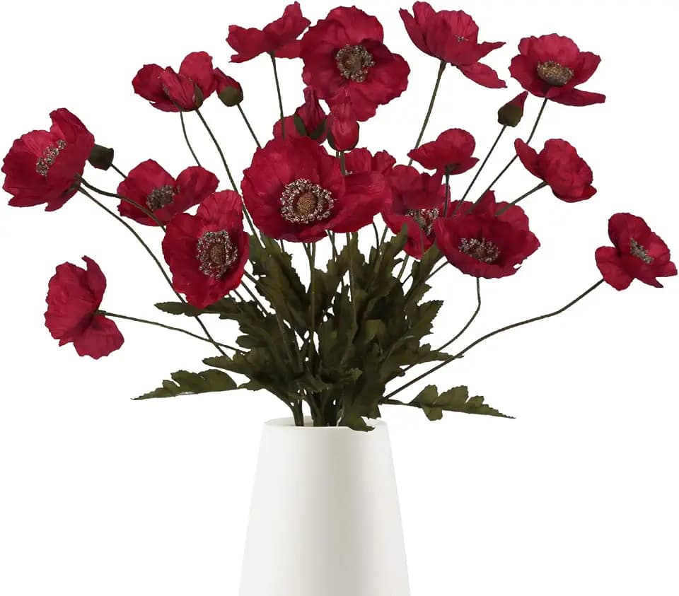 IPOPU Red Poppies Artificial Flowers 6 PCS Faux Silk Poppies Real Look