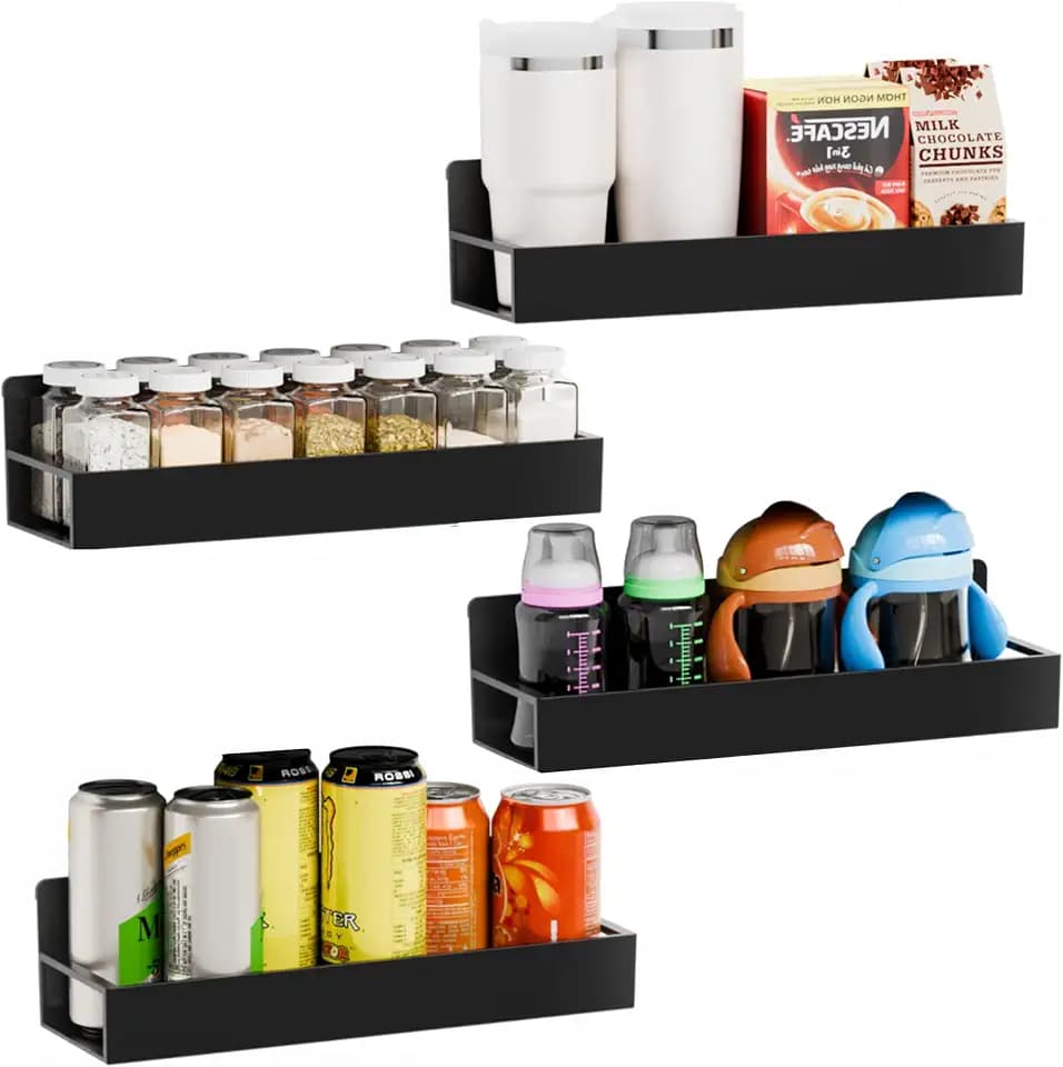 Yieach 4 Pack Black Spice Rack Wall Mount with Adhesive,11.5″L x 3.6″W,Stick on Seasoning Jar Spice Organization for Cabinet Door or Pantry Door,Adhesive Wall Spice Rack for RV,Kitchen,Inside Cabinets