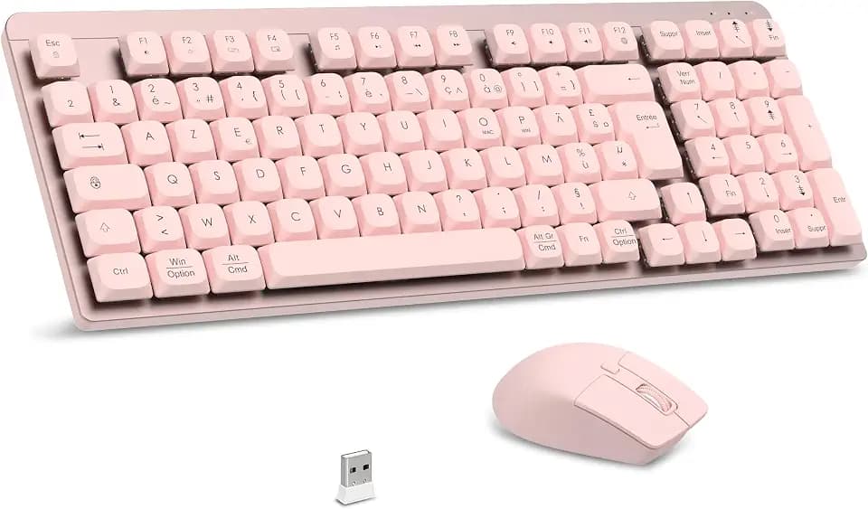 LeadsaiL FA98 Mechanische Tastatur, kabellos, mit Tastatur und Maus mit rotem Schalter, französischer AZERTY, Verbindung 2,4 GHz, 98 Tasten für Windows MacOS Computer PC rosa