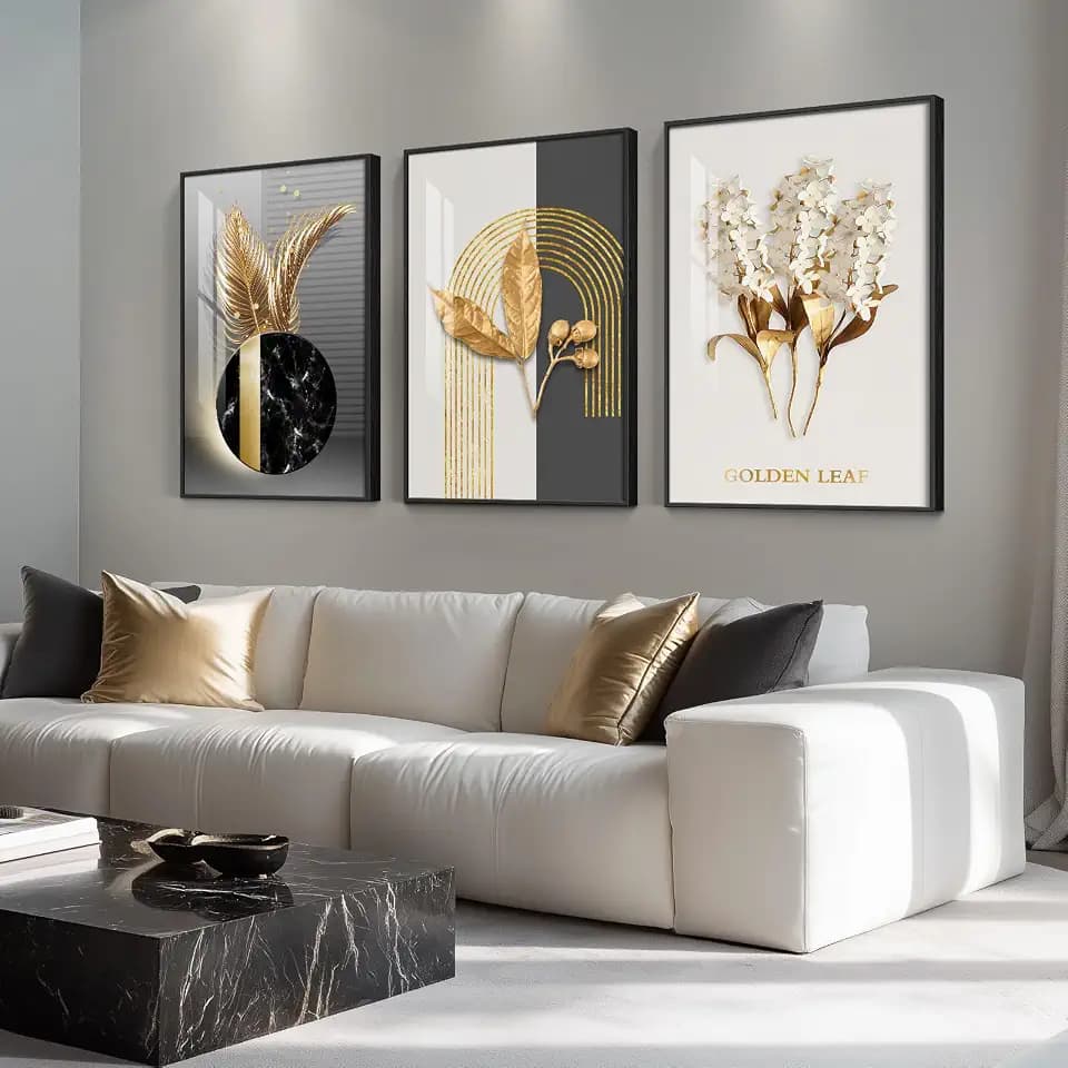 Framed Black White Gold Modern Luxury Wall Art for Living Room, 16x24 In