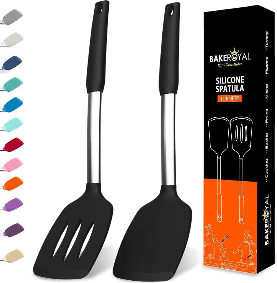 BakeRoyal Silicone Spatula Set - Turner Spatulas Silicone Heat Resistant 600°F - Slotted & Solid Spatula for Cooking Fish, Eggs, Pancakes Flipper – Spatulas for kitchen use – Black