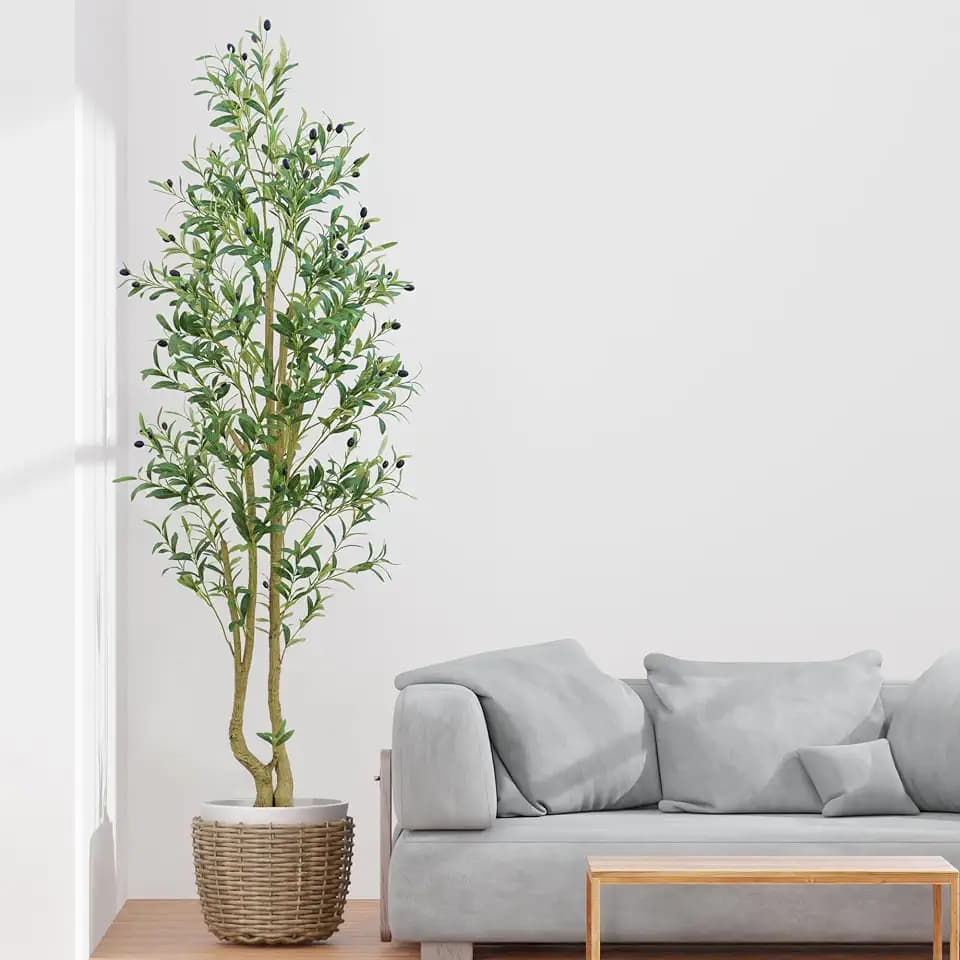 HZXGCP 6ft Artificial Olive Tree Indoor, Fake Olive Tree with White Pot, Faux Olive Tree with Dense Leaves & Realistic Fruits, Tall Artificial Plant for Home Living Room Office Entryway Decor