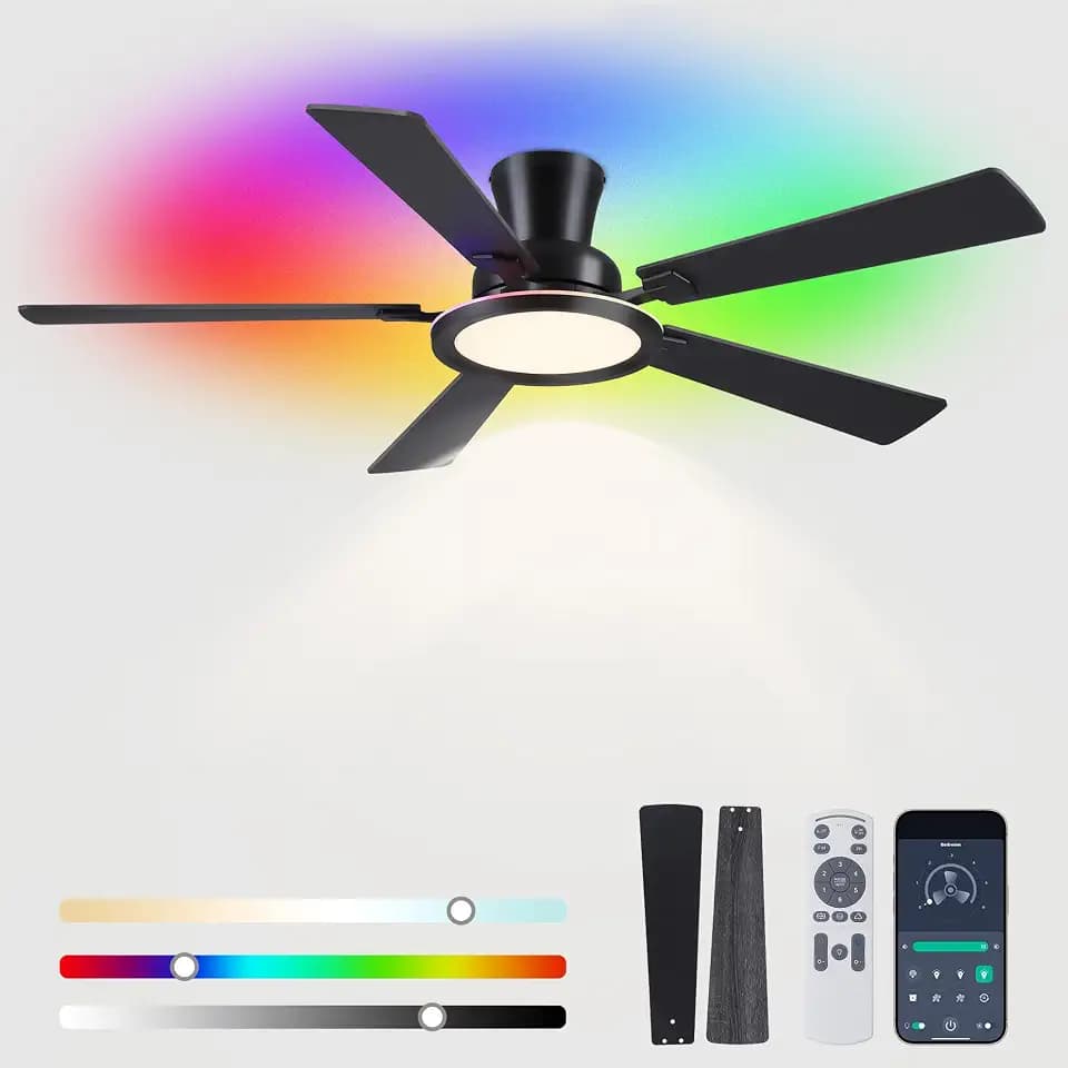 Ayaoty Ceiling Fans with Lights - 52in Flush Mount Ceiling Fan with RGB Dimmable, 3CCT 6 Wind Speeds and Reversible Quiet Motor, Low Profile RGB Fan Light for Modern Indoor, Party - Black