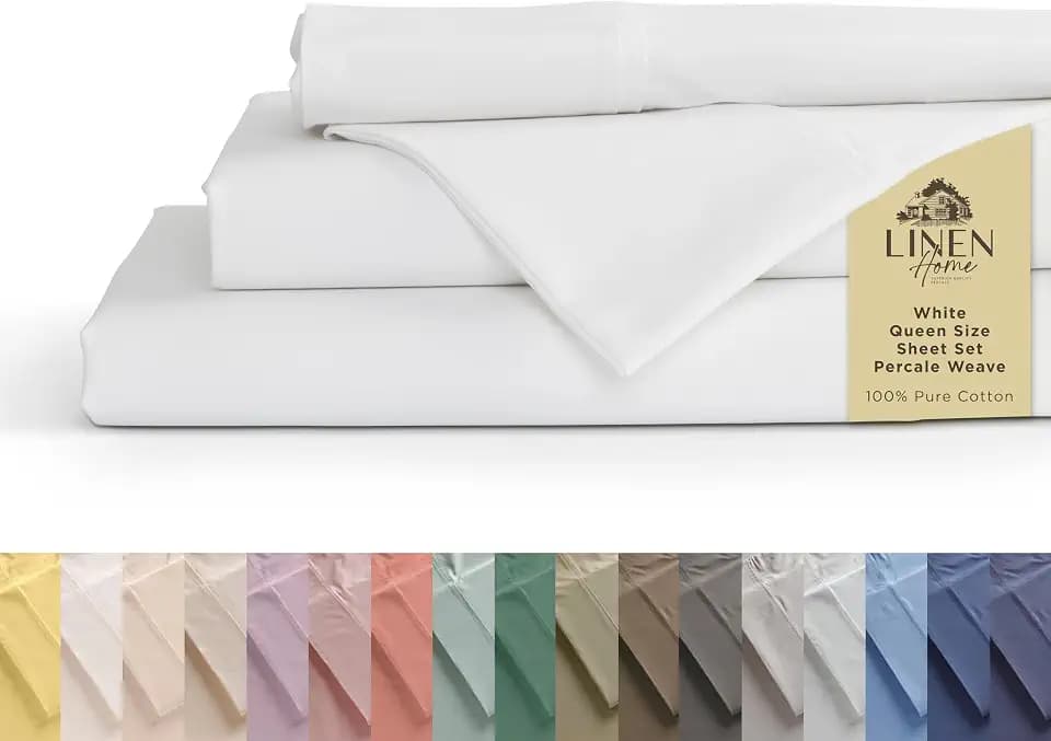 Linen Home 100% Cotton Percale Sheets Queen Size 4 Pc Cooling Set - White