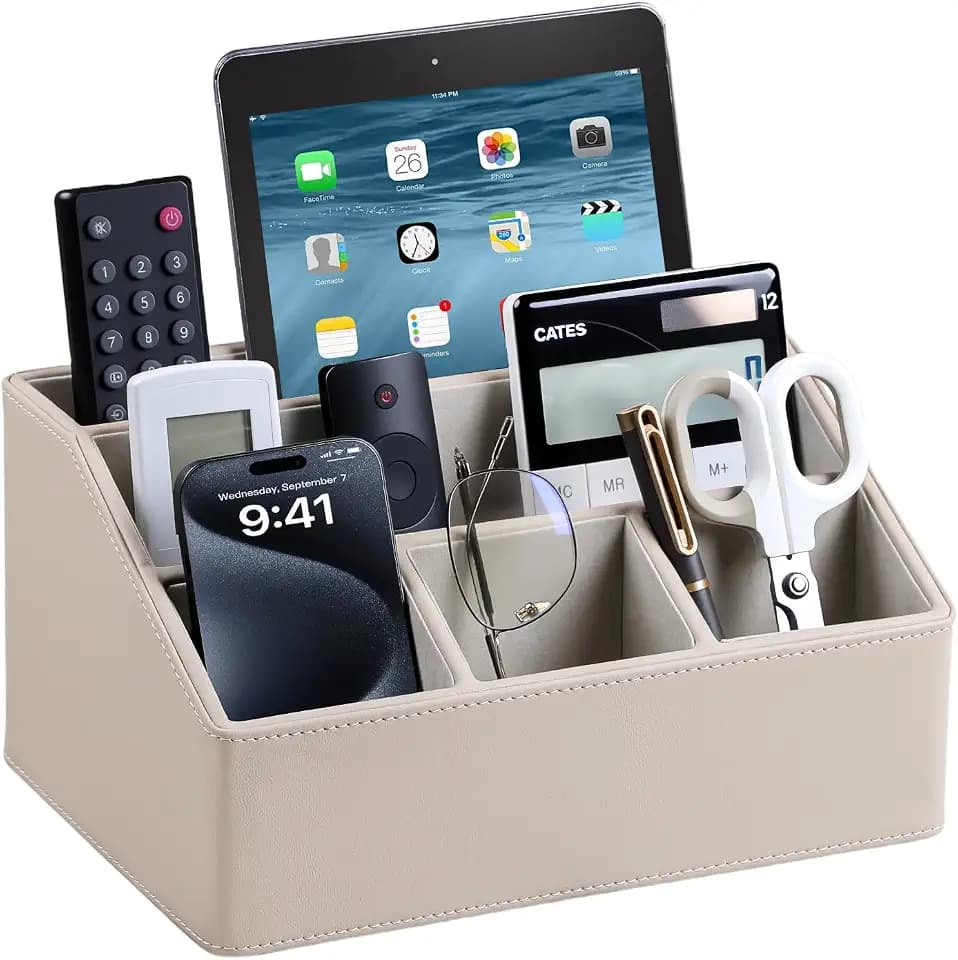 PU Leather Desk Organizer, Remote Control Holder (Dark Beige)