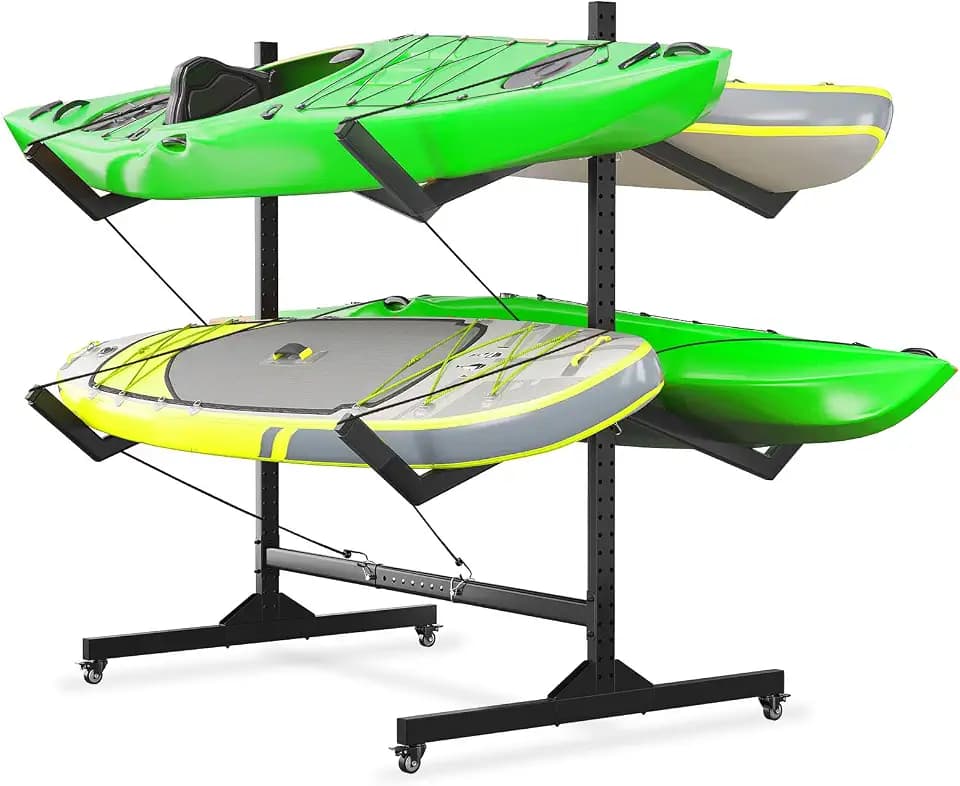 GarveeLife Kayak Storage Rack for 2-6 Kayaks Freestanding Kayak Rack for Outdoor Storage with Movable Wheels, Heavy-Duty Steel Kayak Hanger Holder with Hanging Straps