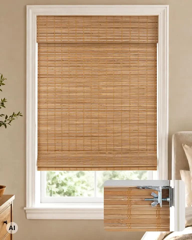 LazBlinds 100% Blackout No Drill Bamboo Roman Shades, Cordless Bamboo Blinds for Indoor Windows, Room Darkening Shades for Home & Patio, Thermal Insulated, Squirrel, 32" W x 72" H