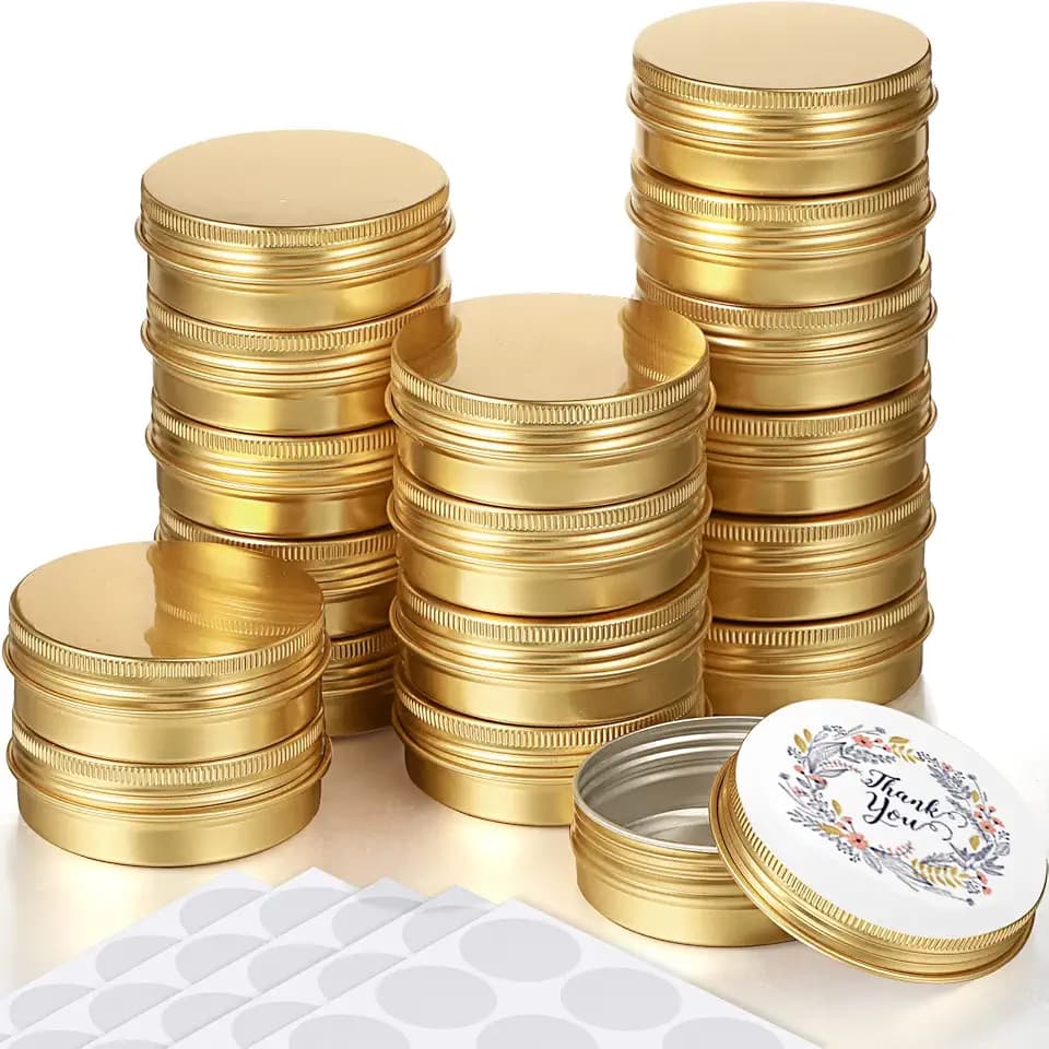 120 Pcs Gold 2 oz Metal Round Tins Salve Tins with Screw Lid Metal Jars Cans Containers 20 Sheets Stickers for Wedding Party Gift Candle Making DIY Salve Spice Candies Balms